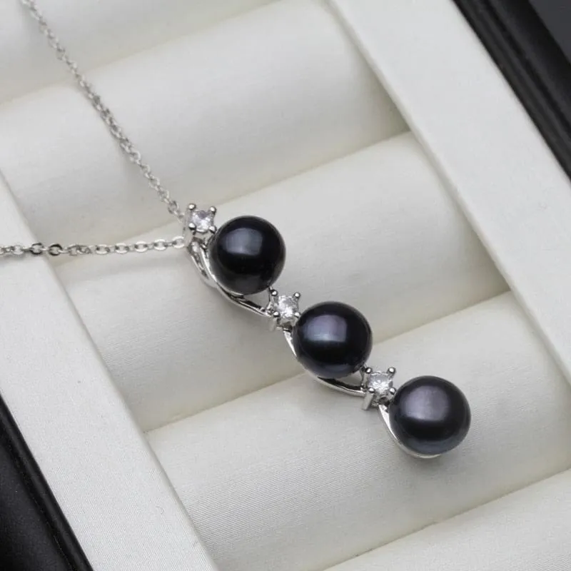 Freshwater Natural Black Pearl Pendant Sterling Silver Necklace