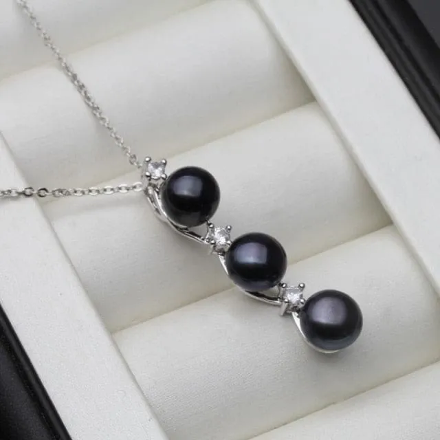 Freshwater Natural Black Pearl Pendant Sterling Silver Necklace