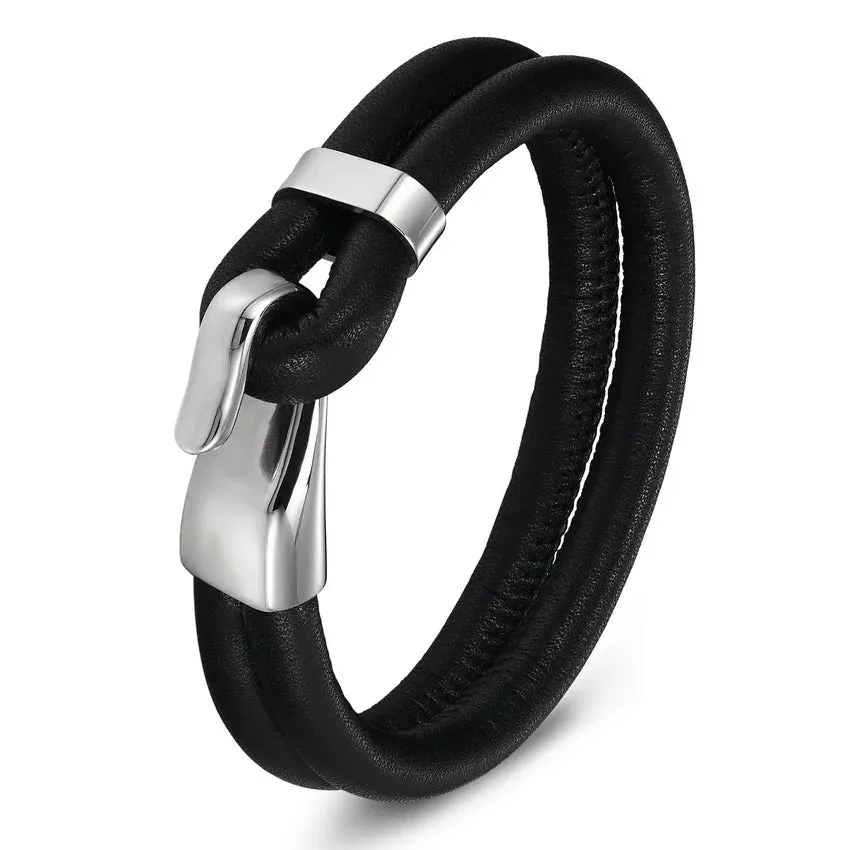 Genuine Leather Stainless Steel Women's Bangle Bracelet