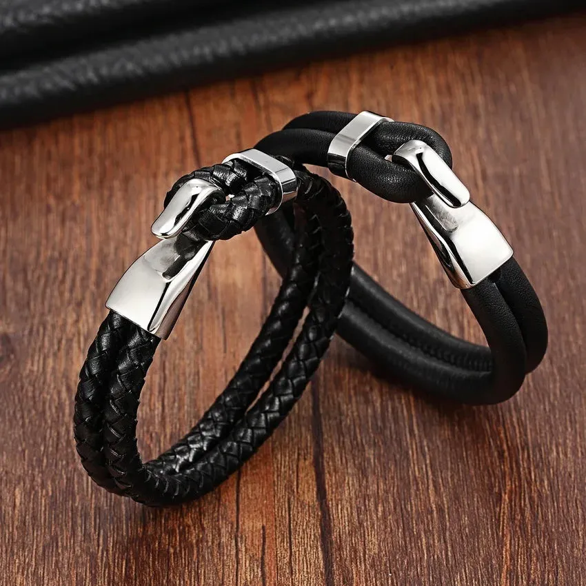 Genuine Leather Stainless Steel Women's Bangle Bracelet