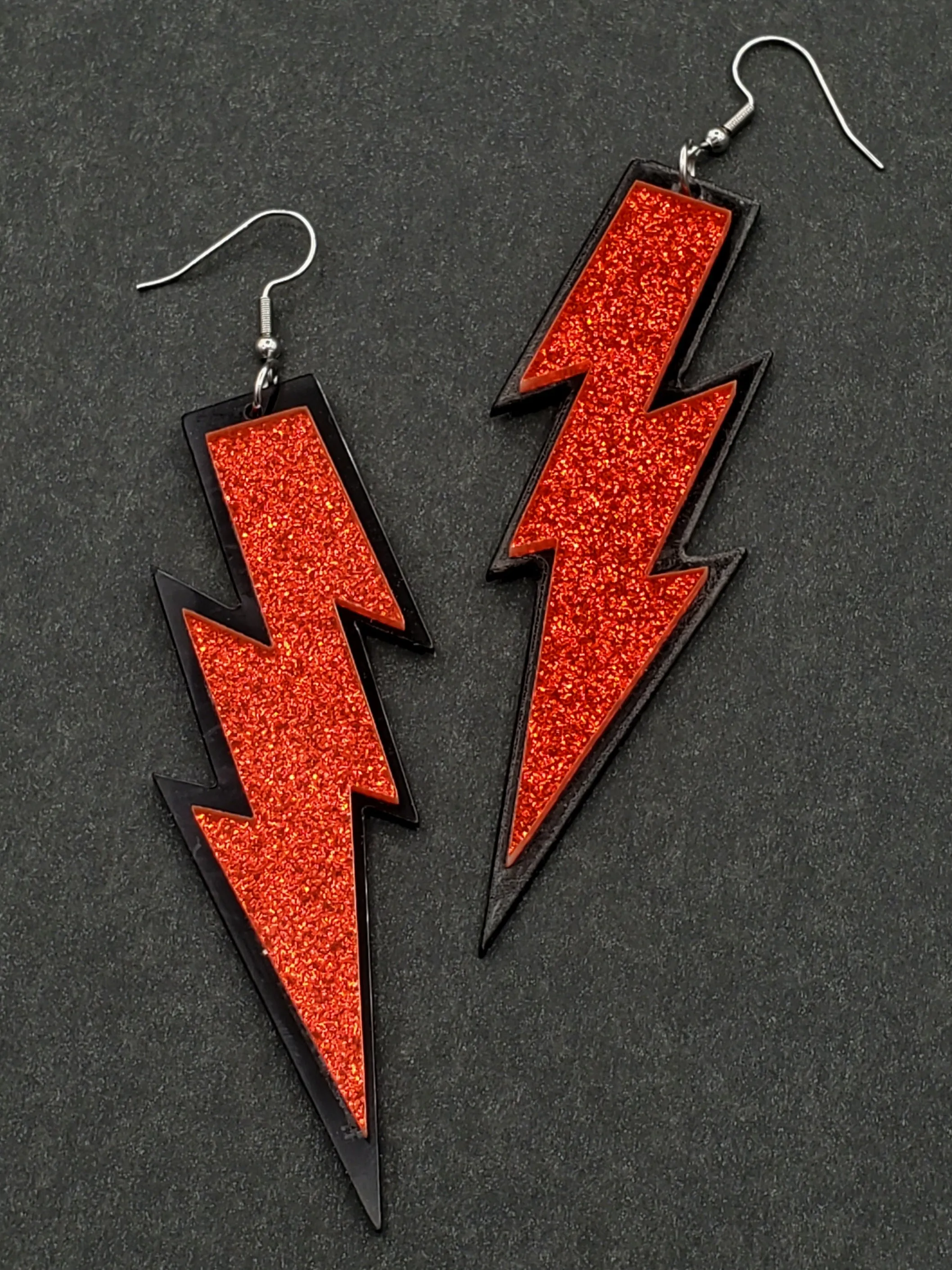 Glitter Red & Black Acrylic Lightning Bolt Dangle Earrings