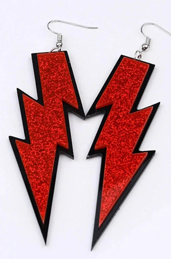 Glitter Red & Black Acrylic Lightning Bolt Dangle Earrings