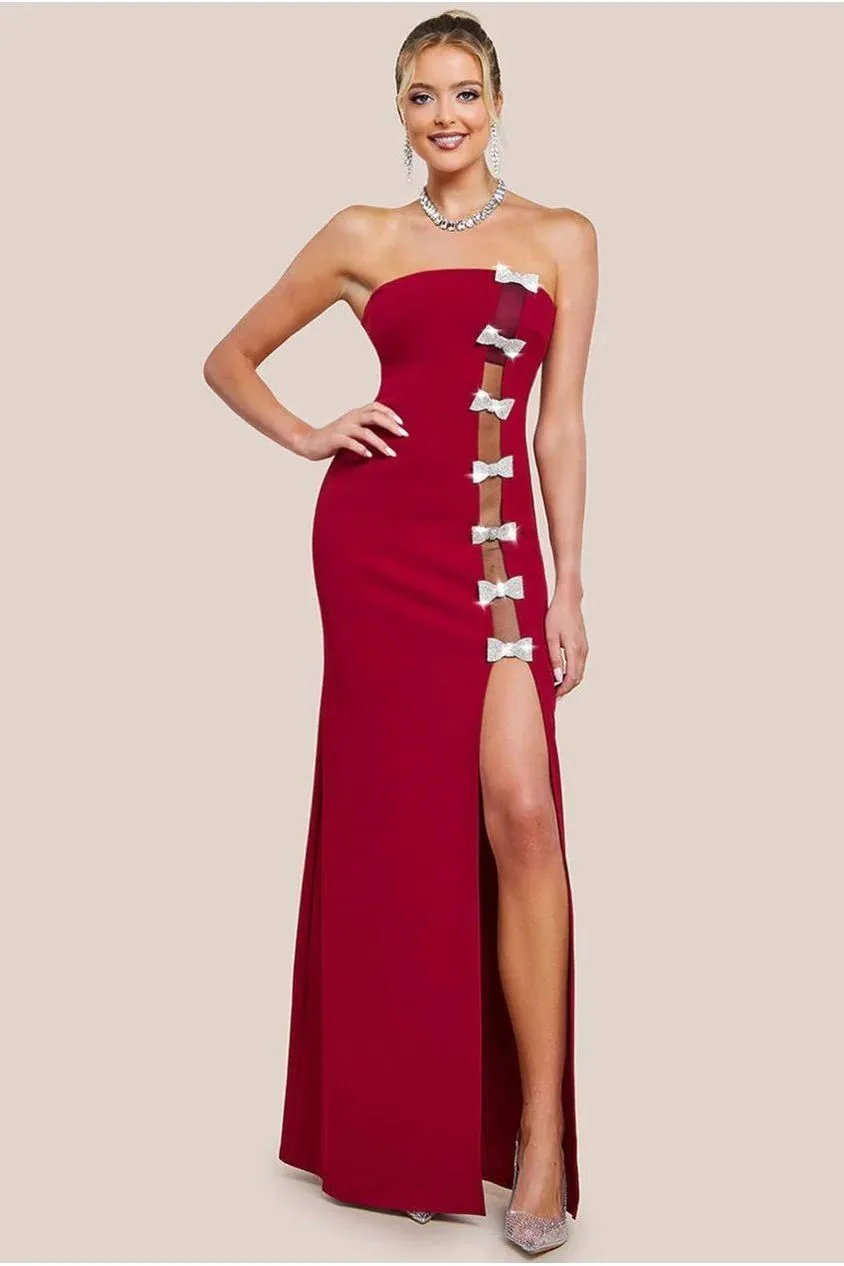 Goddiva Bow Embellished Strapless Mermaid Maxi Dress - Wine