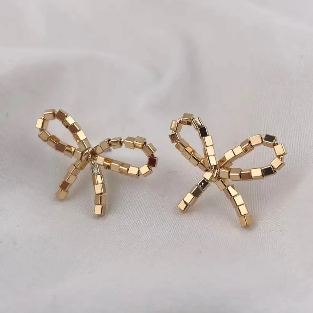 Gold Beaded Bow Earrings