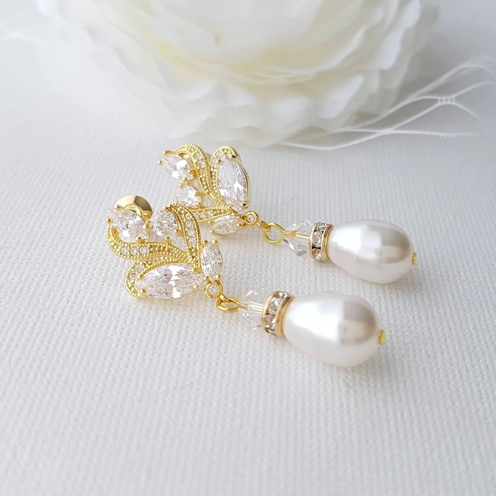 Gold Bridal Earrings With Pearl Drops-Wavy