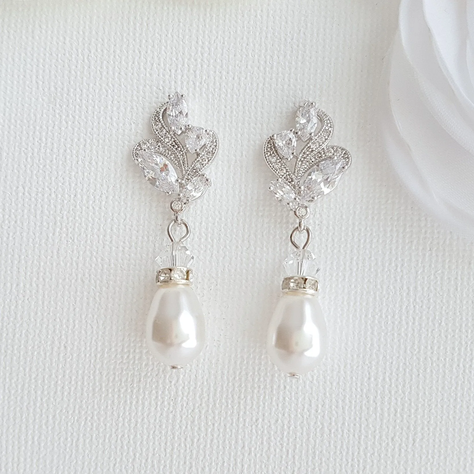 Gold Bridal Earrings With Pearl Drops-Wavy