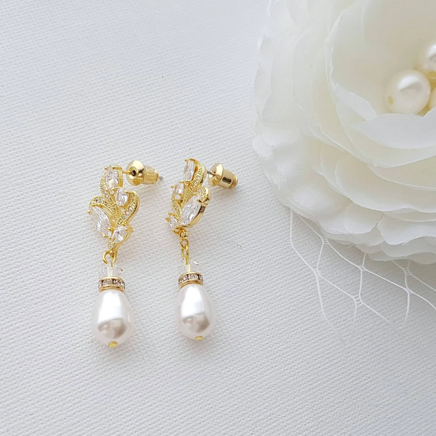 Gold Bridal Earrings With Pearl Drops-Wavy