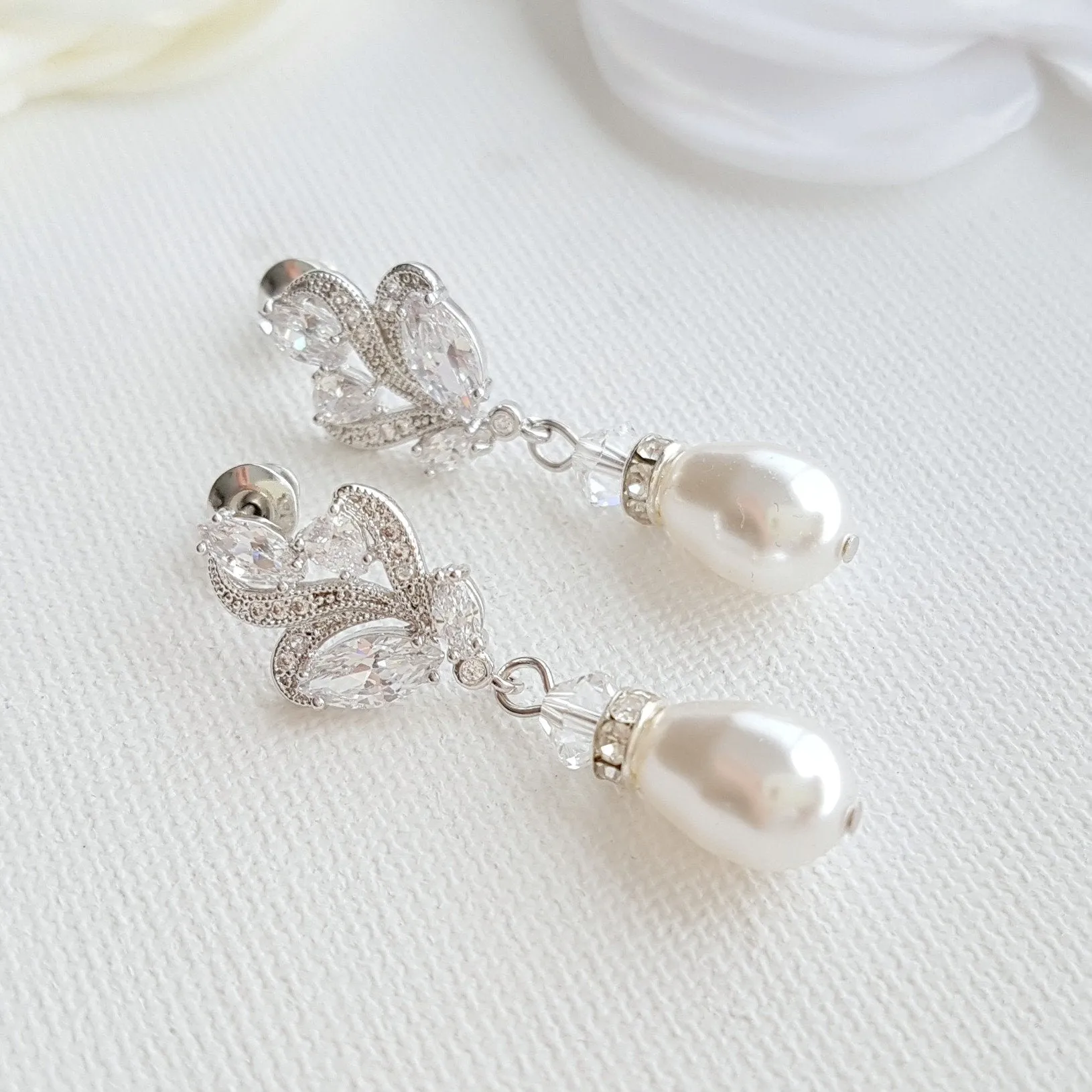 Gold Bridal Earrings With Pearl Drops-Wavy