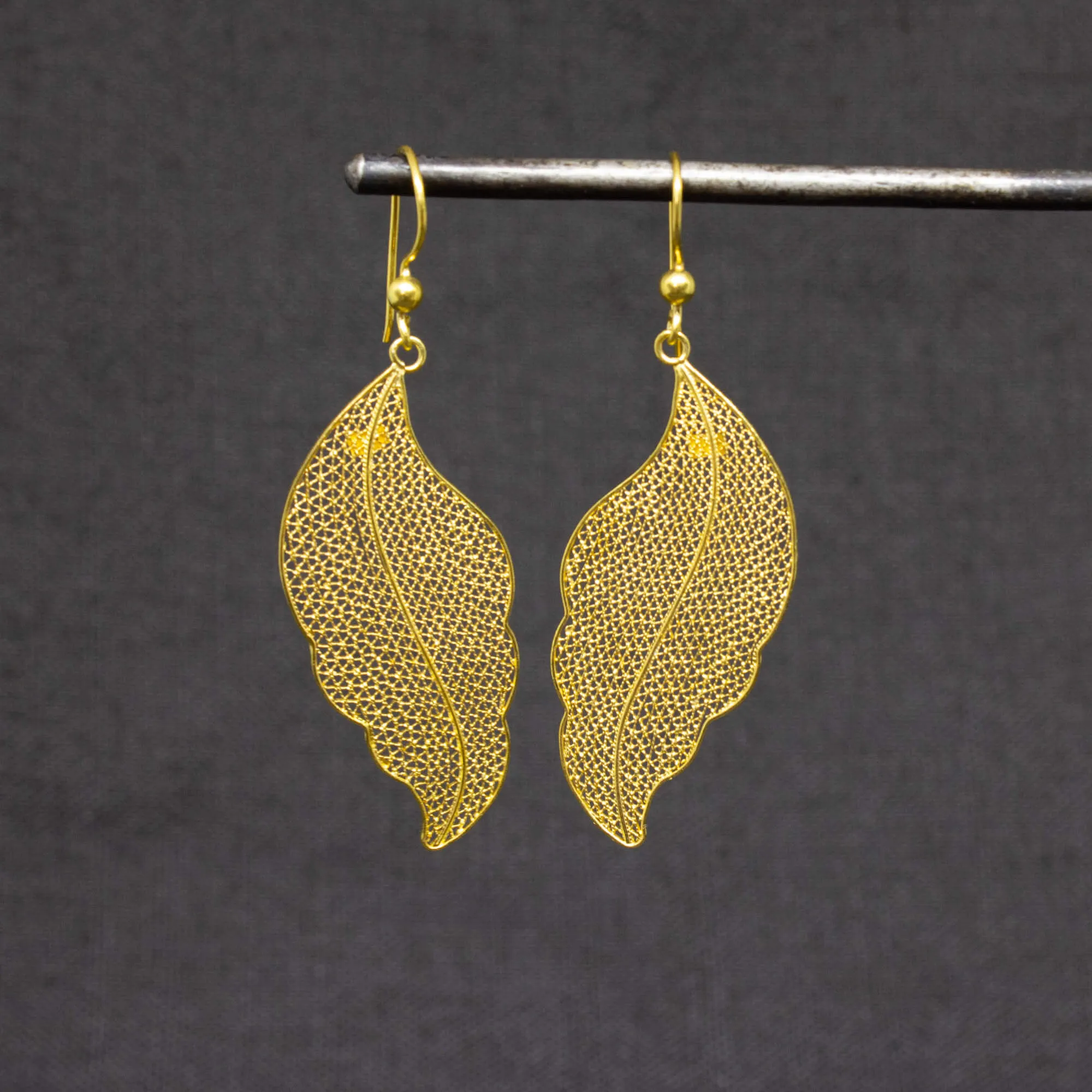 Gold Filigree Leaf Drop Earrings