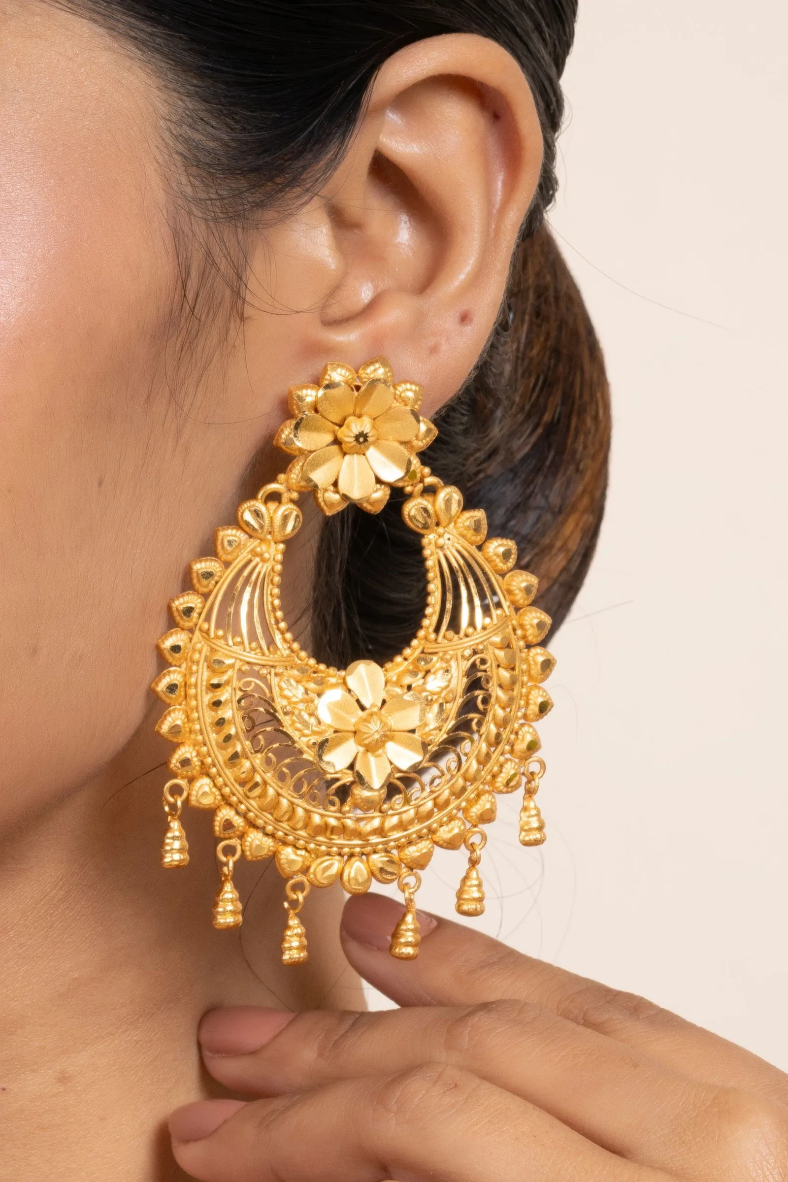 Gold Plated Jumbo Chandbali with Floral Design Stud Earrings - Elegant Accessories