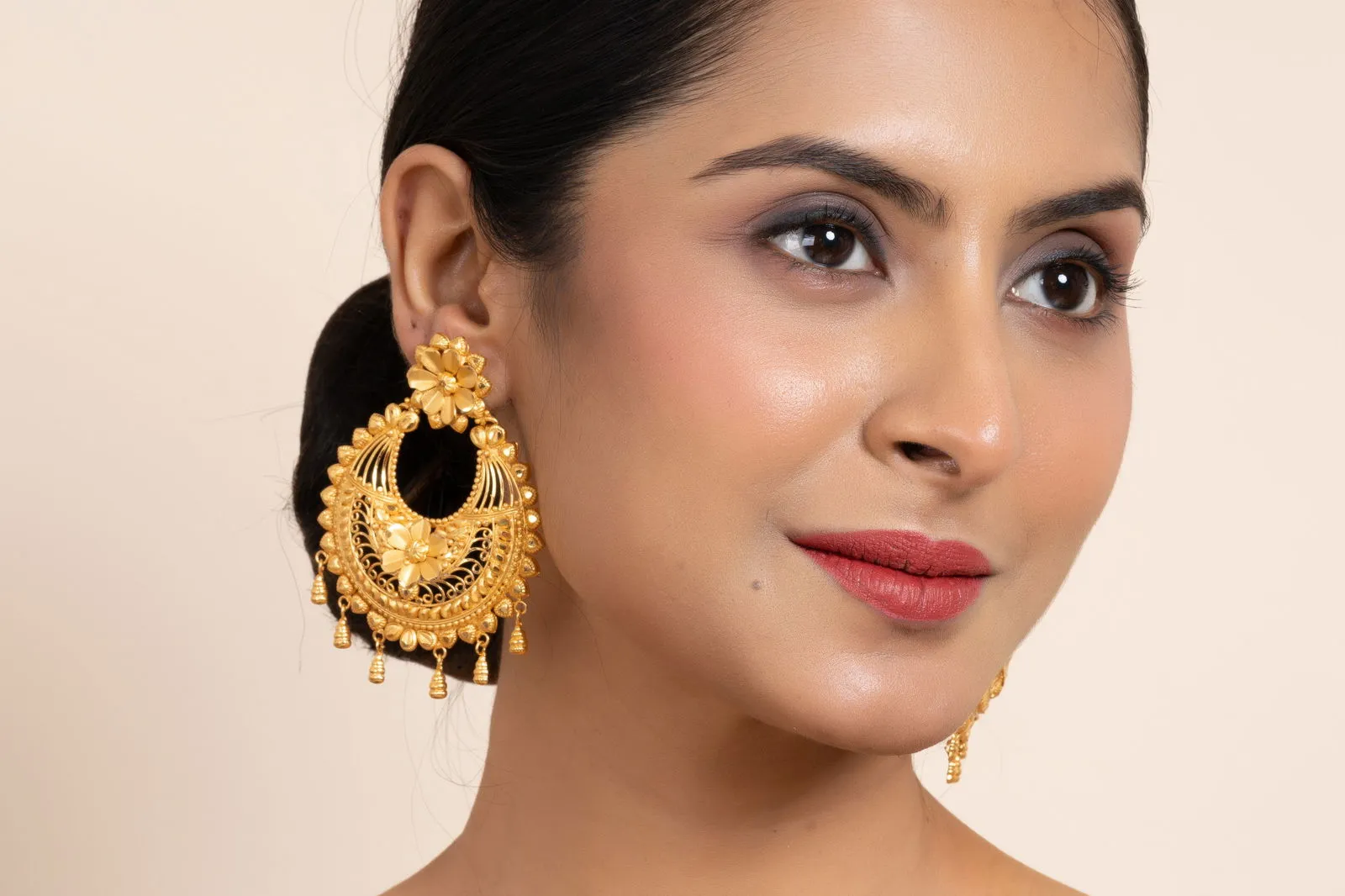 Gold Plated Jumbo Chandbali with Floral Design Stud Earrings - Elegant Accessories