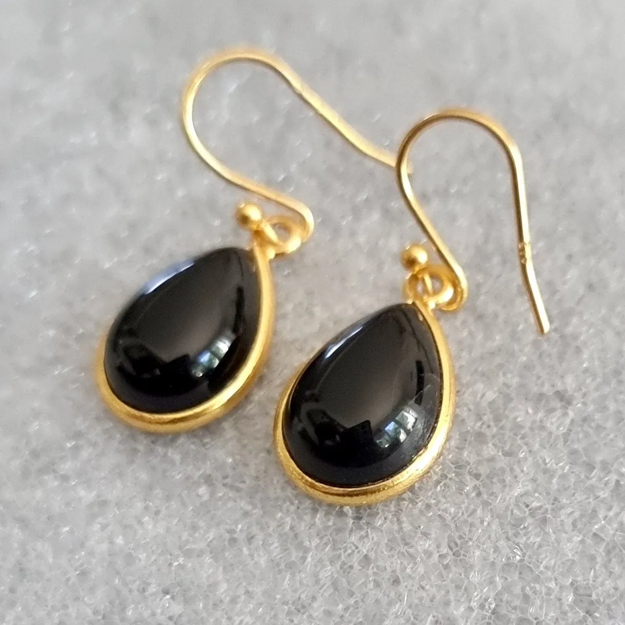 Gold Plated Teardrop Black Onyx Earrings, 925 Sterling Silver, E94O