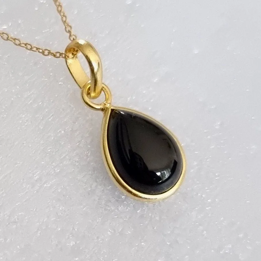 Gold Plated Teardrop Black Onyx Earrings, 925 Sterling Silver, E94O