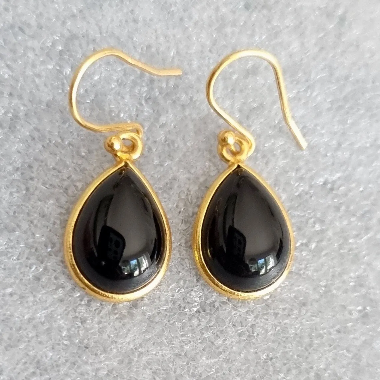 Gold Plated Teardrop Black Onyx Earrings, 925 Sterling Silver, E94O