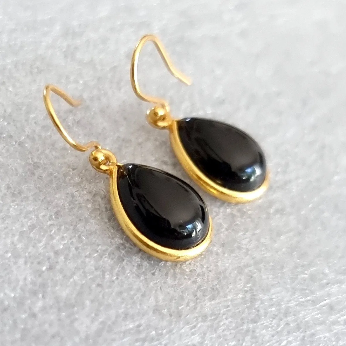 Gold Plated Teardrop Black Onyx Earrings, 925 Sterling Silver, E94O