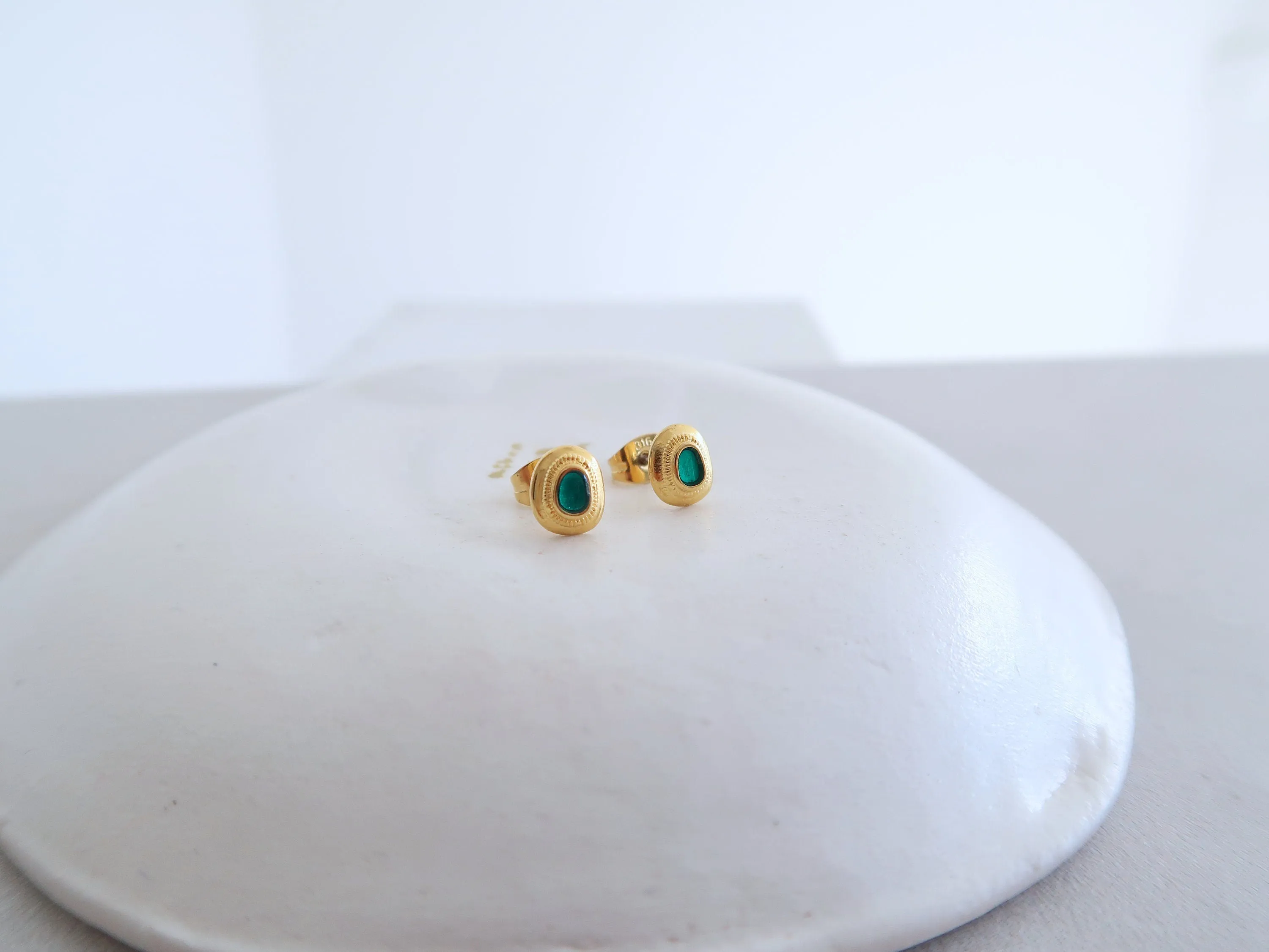 Gold Stud Earrings with White/Emerald/Orange Enamel