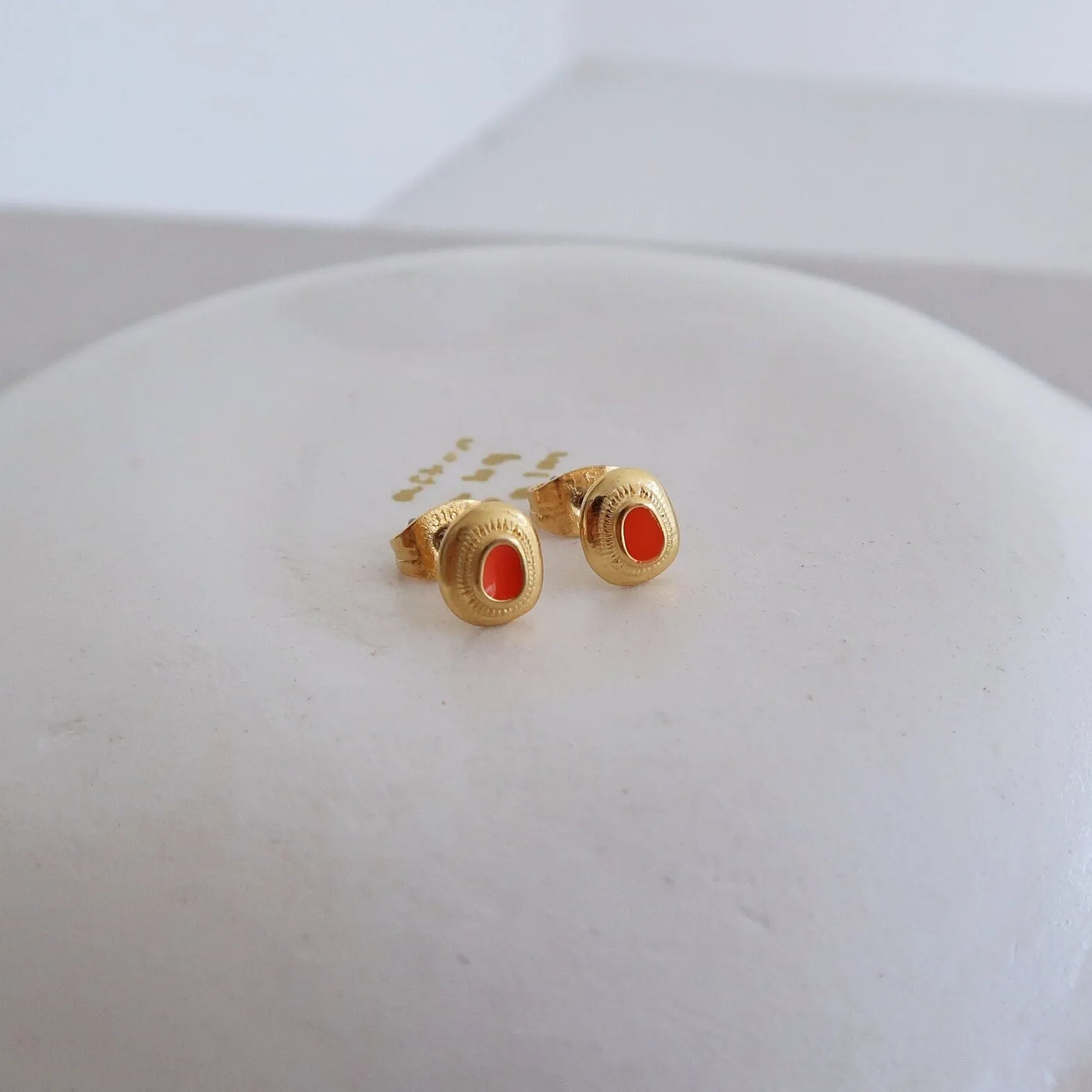 Gold Stud Earrings with White/Emerald/Orange Enamel