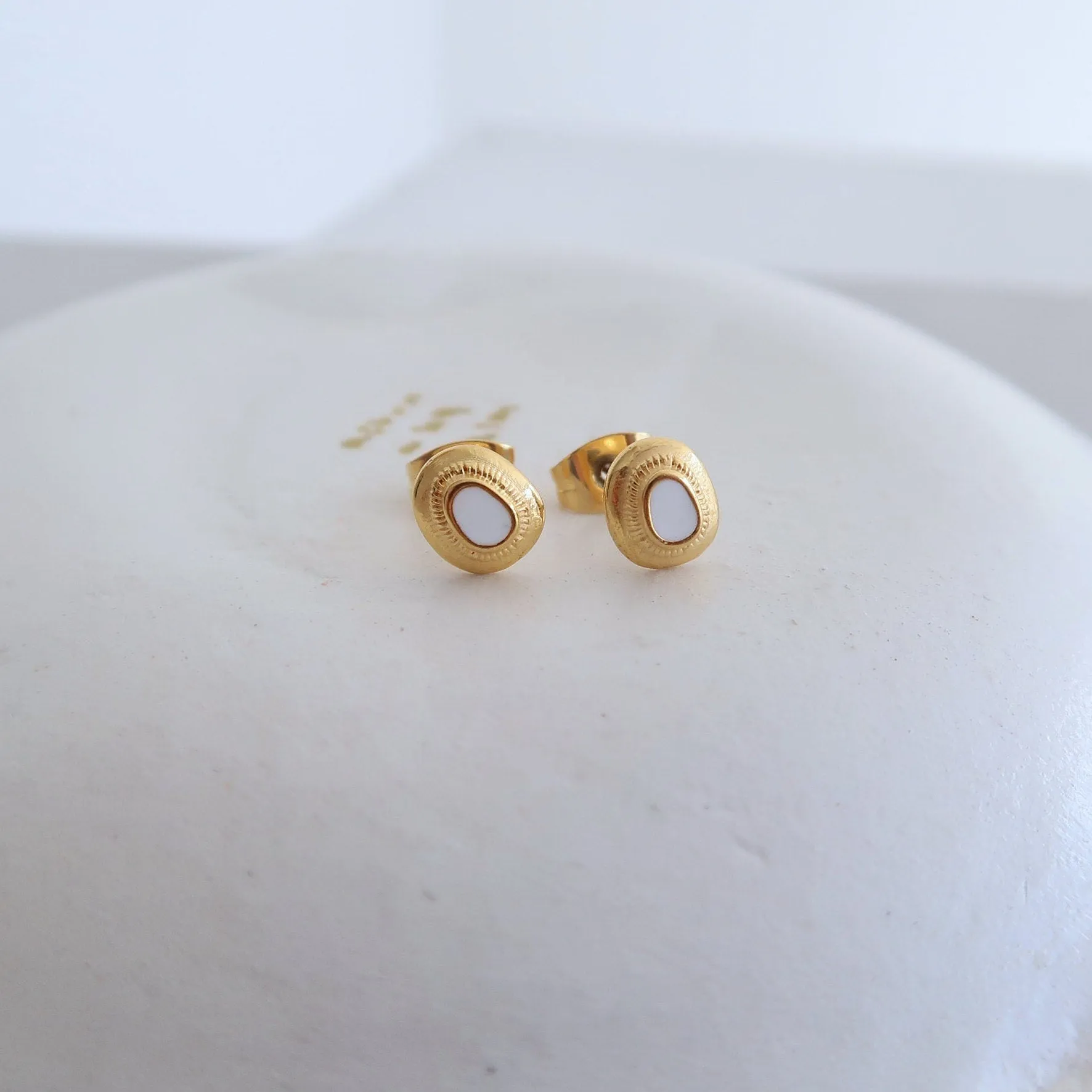 Gold Stud Earrings with White/Emerald/Orange Enamel