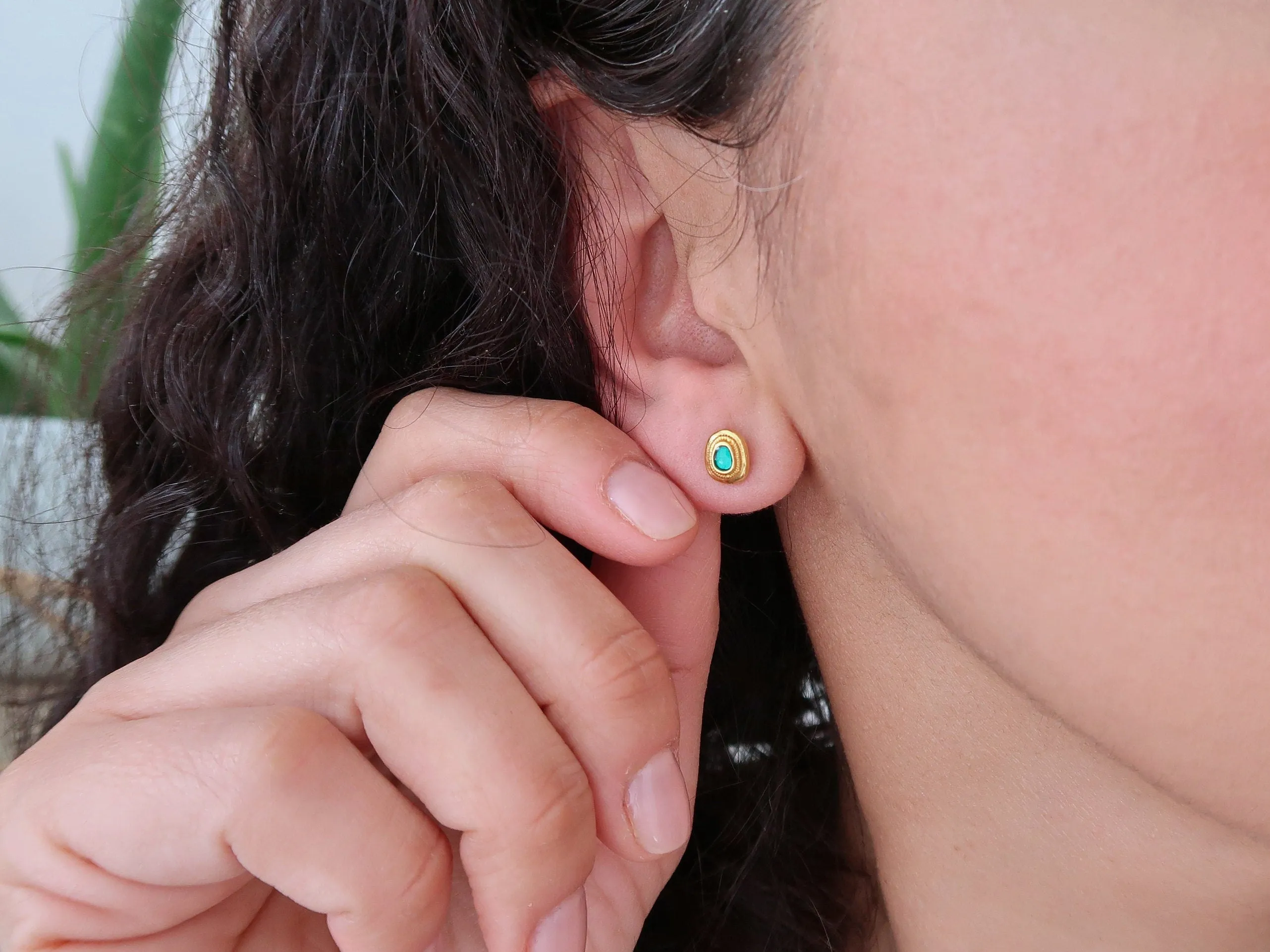 Gold Stud Earrings with White/Emerald/Orange Enamel