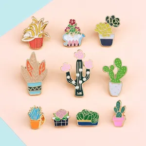 Green Fresh Brooches Cactus Potted Pins Enamel Badge Plants Metal Pin