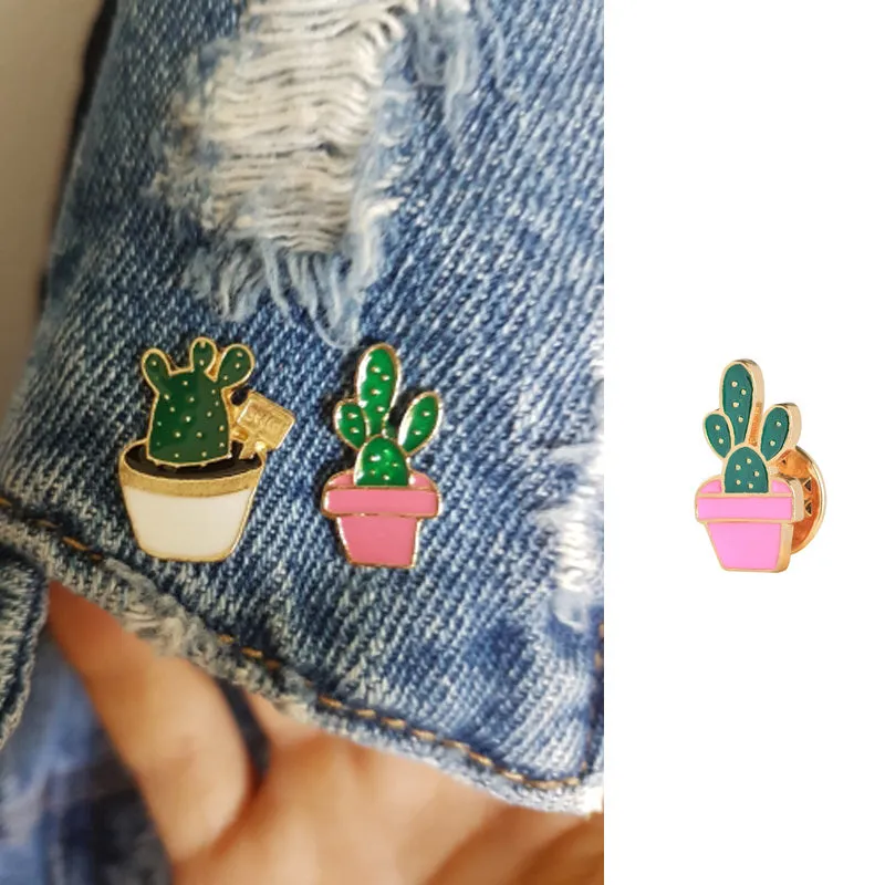 Green Fresh Brooches Cactus Potted Pins Enamel Badge Plants Metal Pin