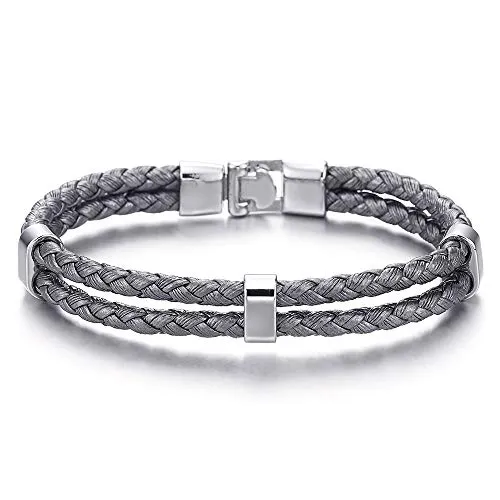 Grey Two-Row Braided Leather Bangle Bracelet Wristband for Mens Womens