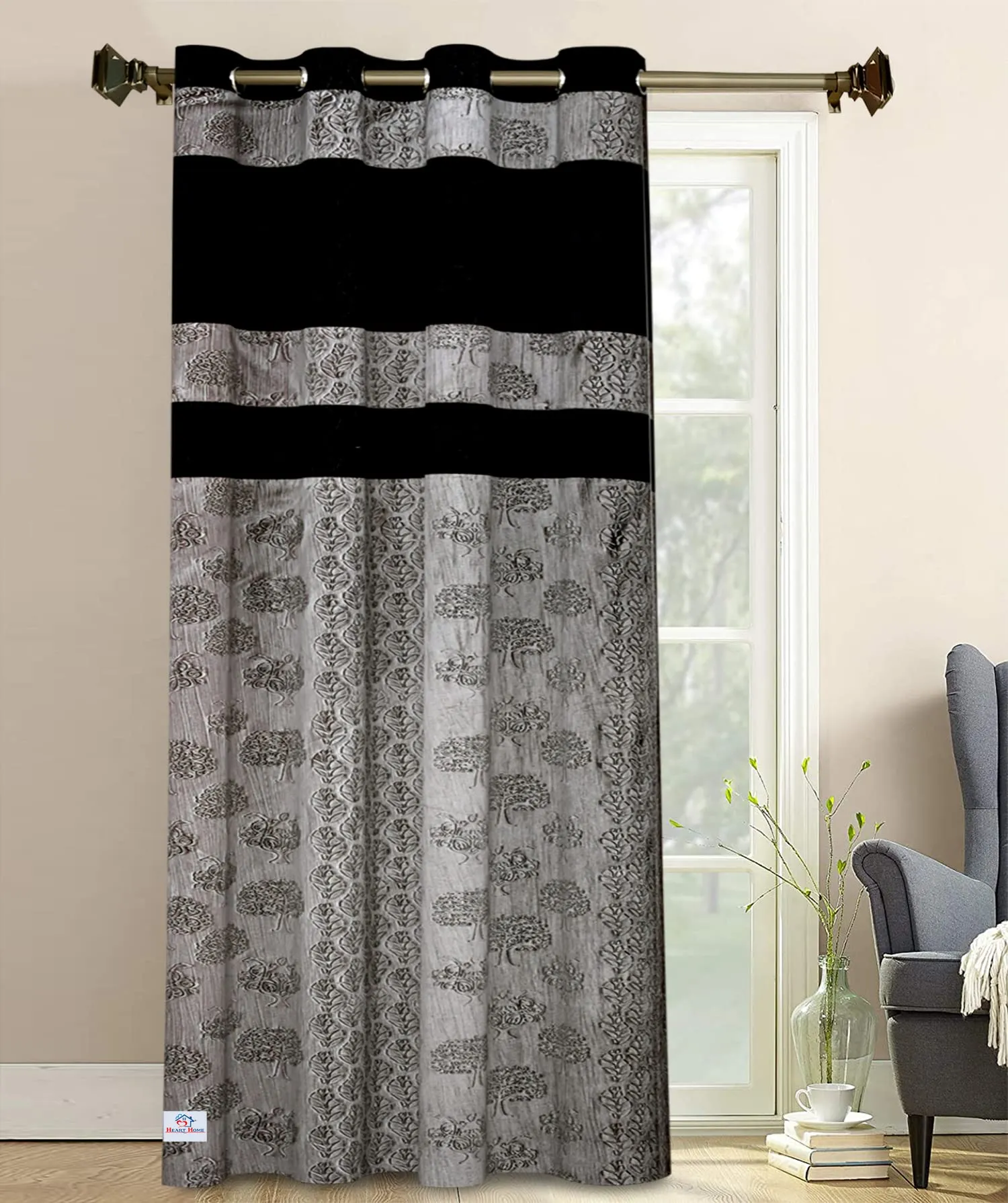 Heart Home Forest Printed 7 ft Door Curtain for Living Room, Bed Room, Kids Room with 8 Eyelet (Black & Grey)-Hs43Hearth25609(Polyester_Black)