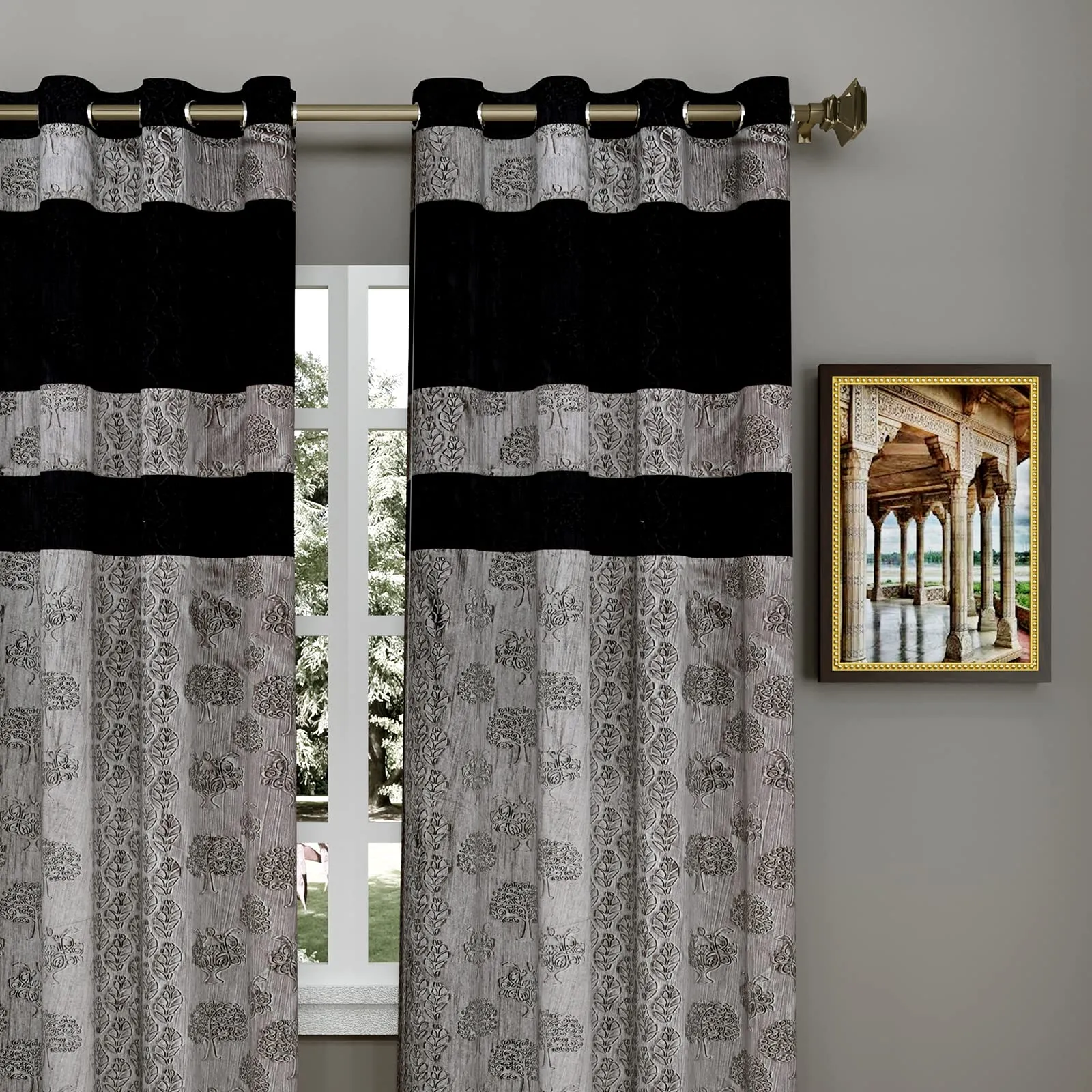 Heart Home Forest Printed 7 ft Door Curtain for Living Room, Bed Room, Kids Room with 8 Eyelet (Black & Grey)-Hs43Hearth25609(Polyester_Black)