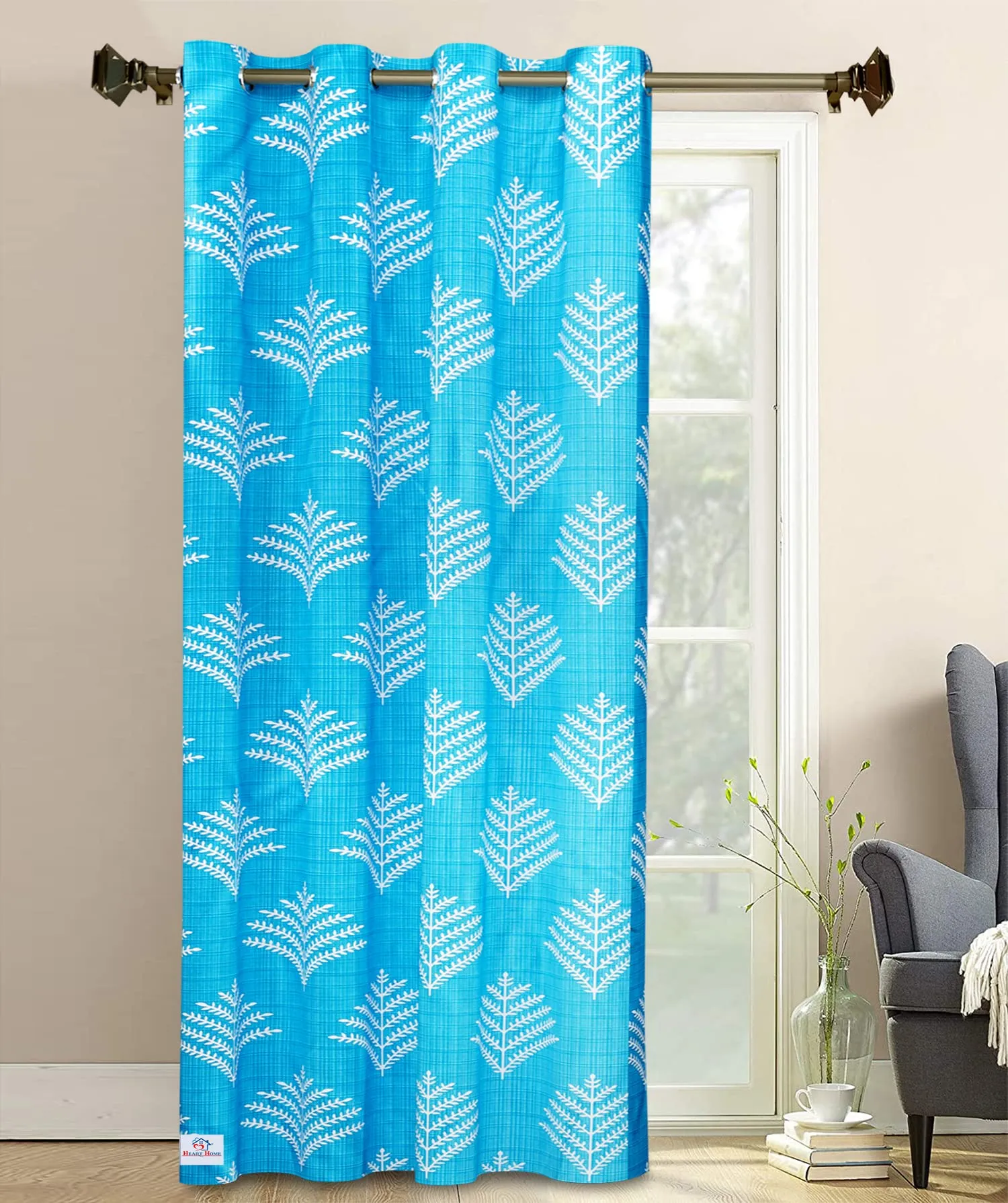 Heart Home Leaf Printed Home Décor Door Curtain with 8 Eyelet, 7 Feet (Blue)-HS43HEARTH25590, Standard