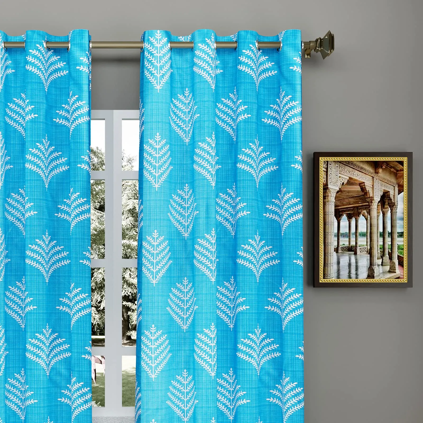 Heart Home Leaf Printed Home Décor Door Curtain with 8 Eyelet, 7 Feet (Blue)-HS43HEARTH25590, Standard