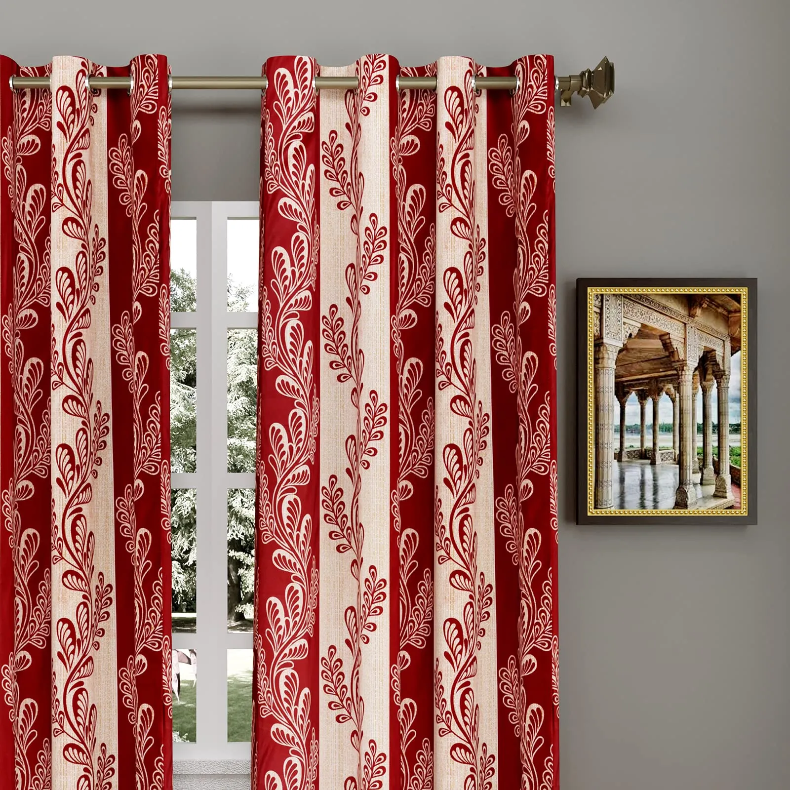 Heart Home Leaf Printed Home Décor Door Curtain with 8 Eyelet, 7 Feet (Maroon)-HS43HEARTH25594