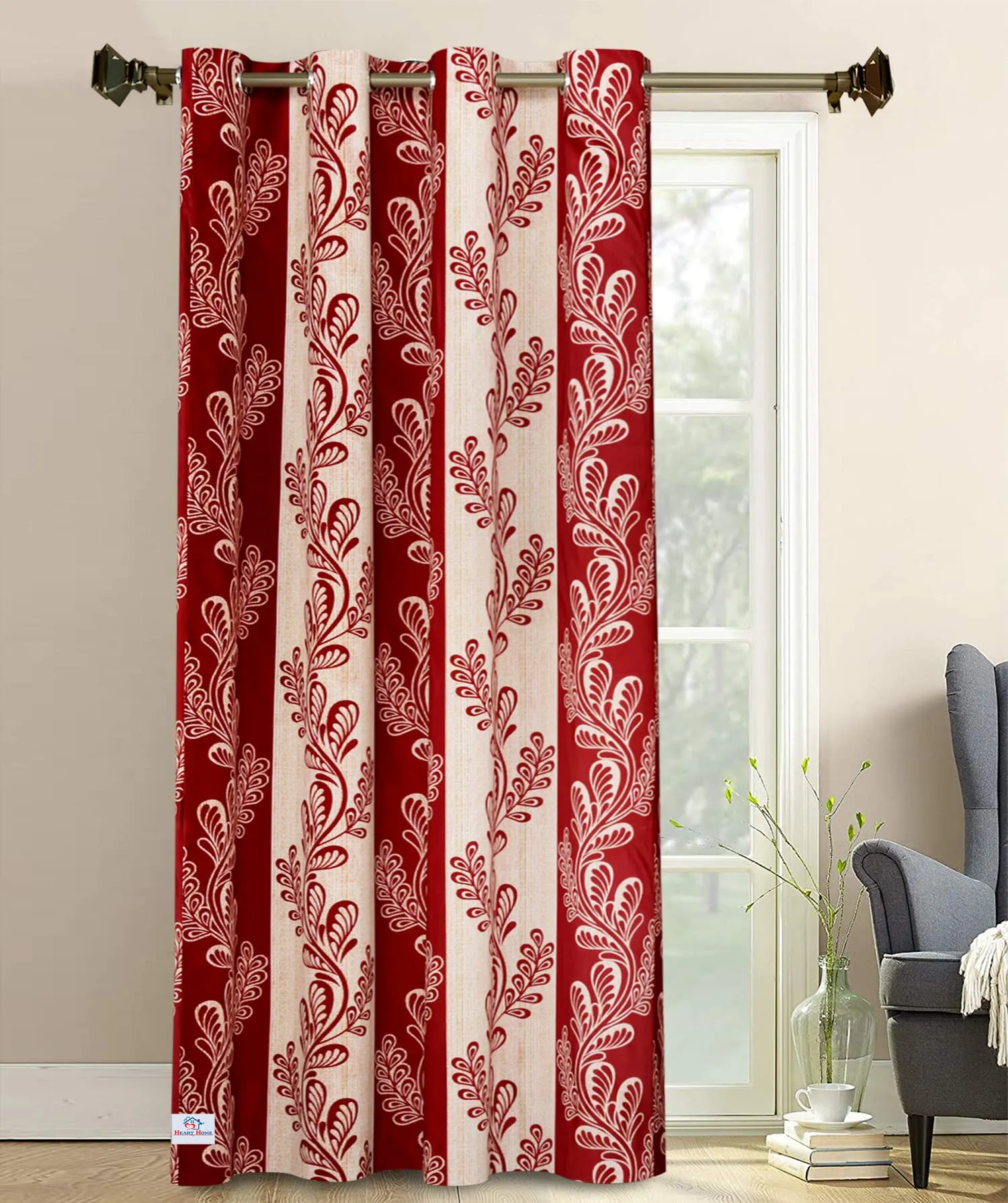 Heart Home Leaf Printed Home Décor Door Curtain with 8 Eyelet, 7 Feet (Maroon)-HS43HEARTH25594