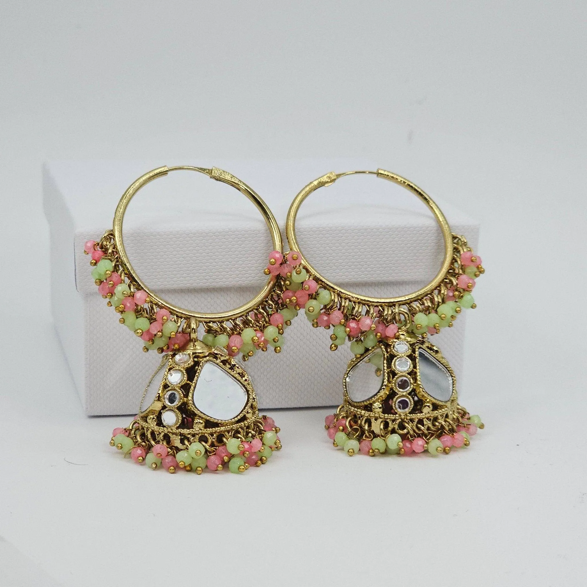 Husna: Antique Gold Mirrored Hoop Jhumki Bali Earrings - Elevate Your Style