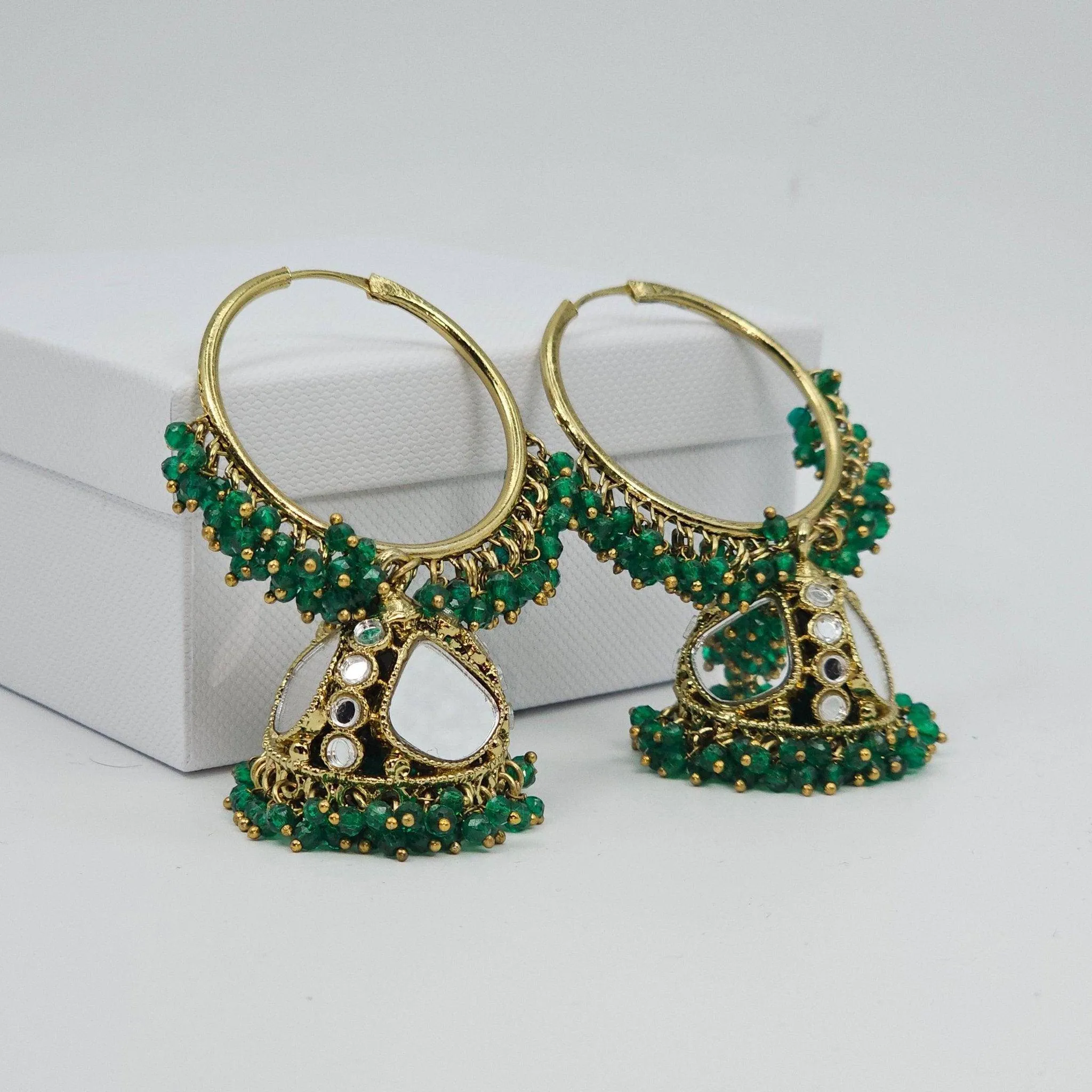 Husna: Antique Gold Mirrored Hoop Jhumki Bali Earrings - Elevate Your Style