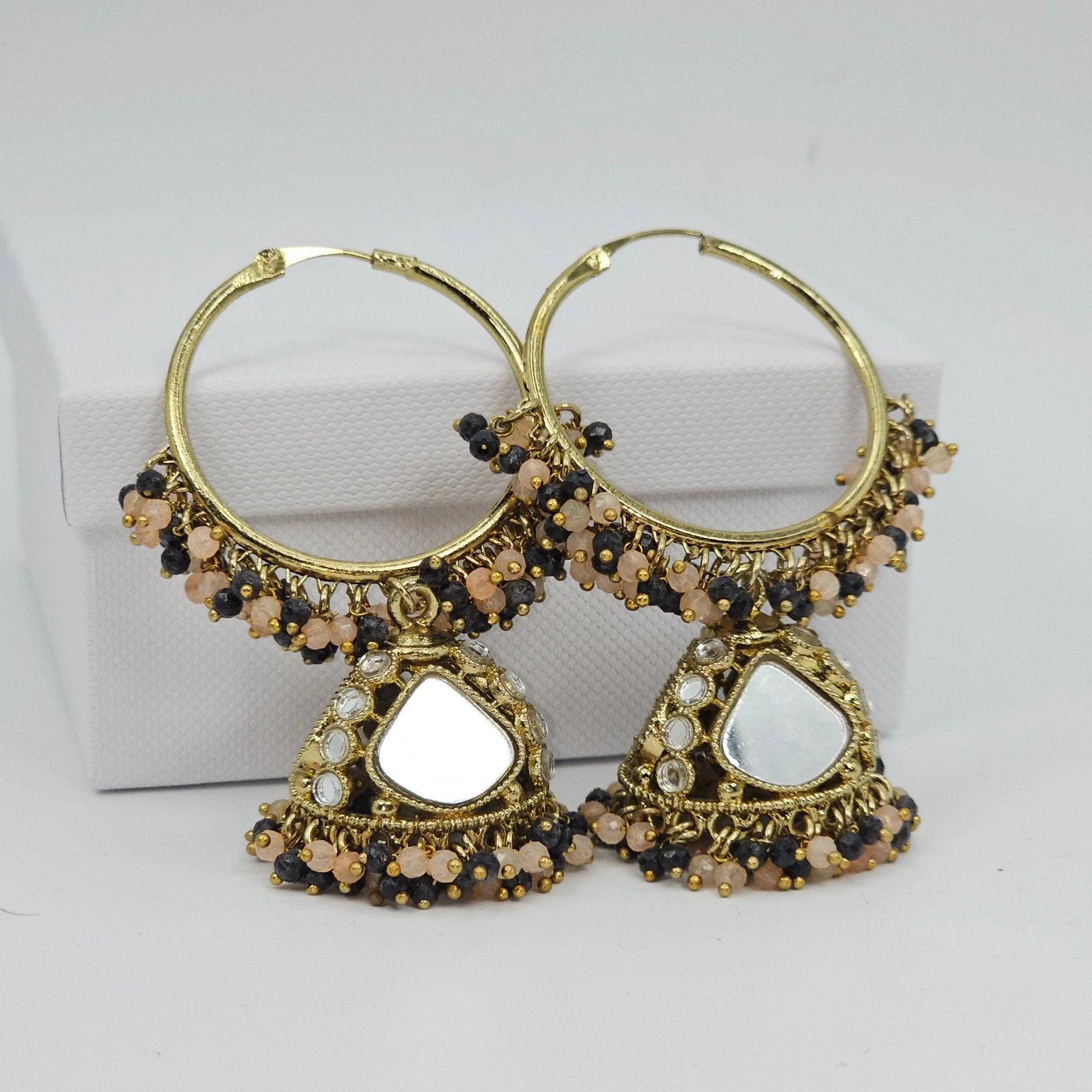 Husna: Antique Gold Mirrored Hoop Jhumki Bali Earrings - Elevate Your Style