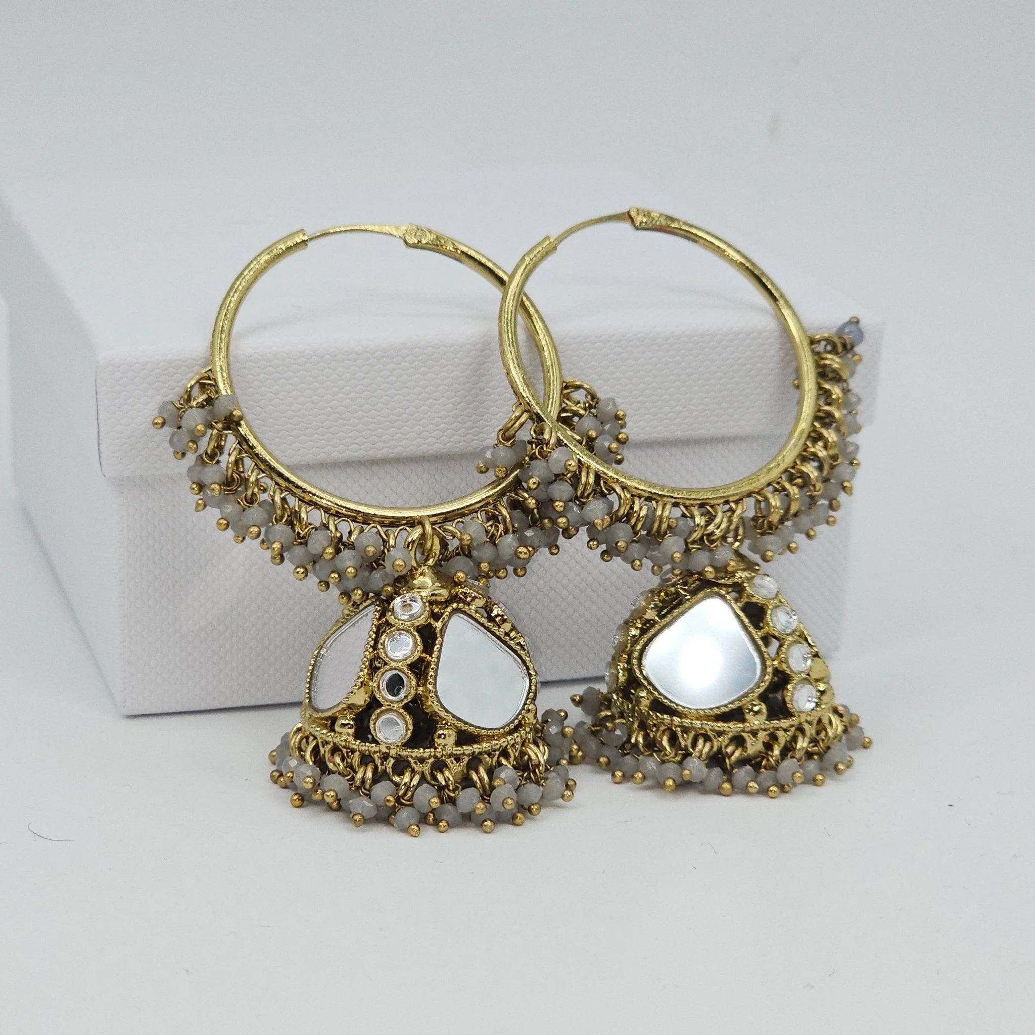 Husna: Antique Gold Mirrored Hoop Jhumki Bali Earrings - Elevate Your Style