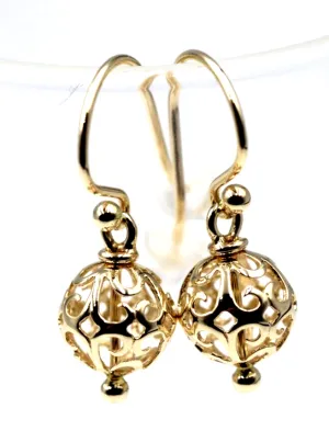 Kaedesigns, Genuine 9ct Yellow, Rose or White Gold 10mm Euro Ball Drop Filigree Earrings