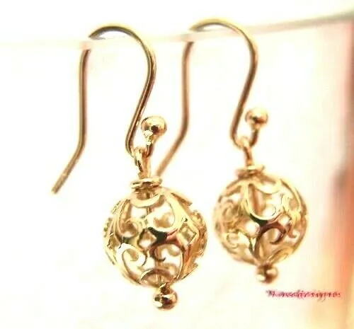 Kaedesigns, Genuine 9ct Yellow, Rose or White Gold 10mm Euro Ball Drop Filigree Earrings