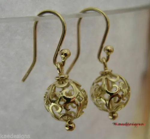 Kaedesigns, Genuine 9ct Yellow, Rose or White Gold 10mm Euro Ball Drop Filigree Earrings