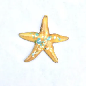 Large Starfish Torch Fired Enamel Pendant -  Yellow with Turquoise Speckles