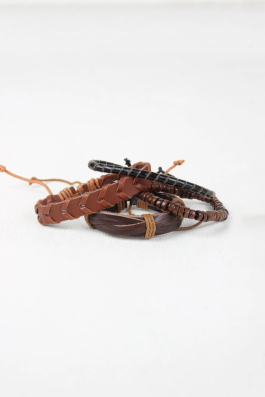 Leather And Wood Bracelet Set