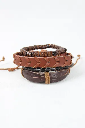 Leather And Wood Bracelet Set