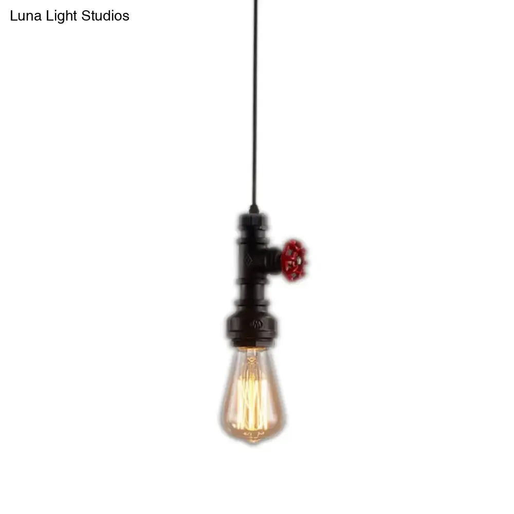 Loft Style Single-Bulb Pipe Pendant Light | Black/Silver/Bronze Metallic Hanging Lamp with Water Valve Deco