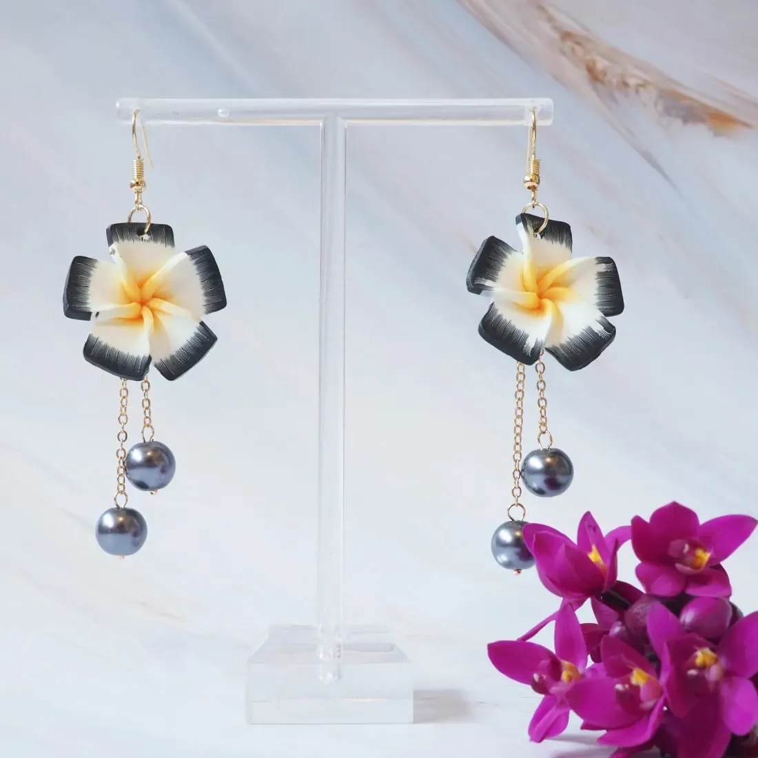 Lucky Plumeria Grey Drop Earrings