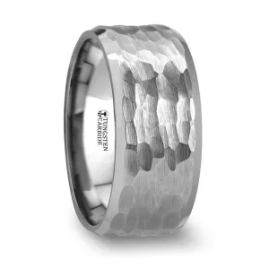 MARTEL White Tungsten Ring with Hammered Finish and Polished Bevels - 10mm