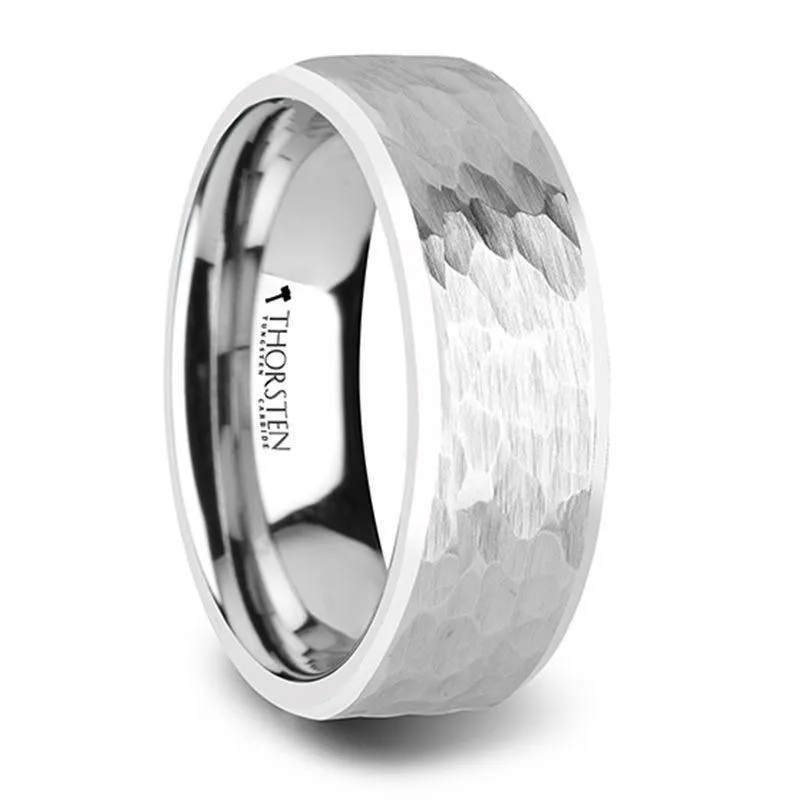 MARTEL White Tungsten Ring with Hammered Finish and Polished Bevels - 10mm