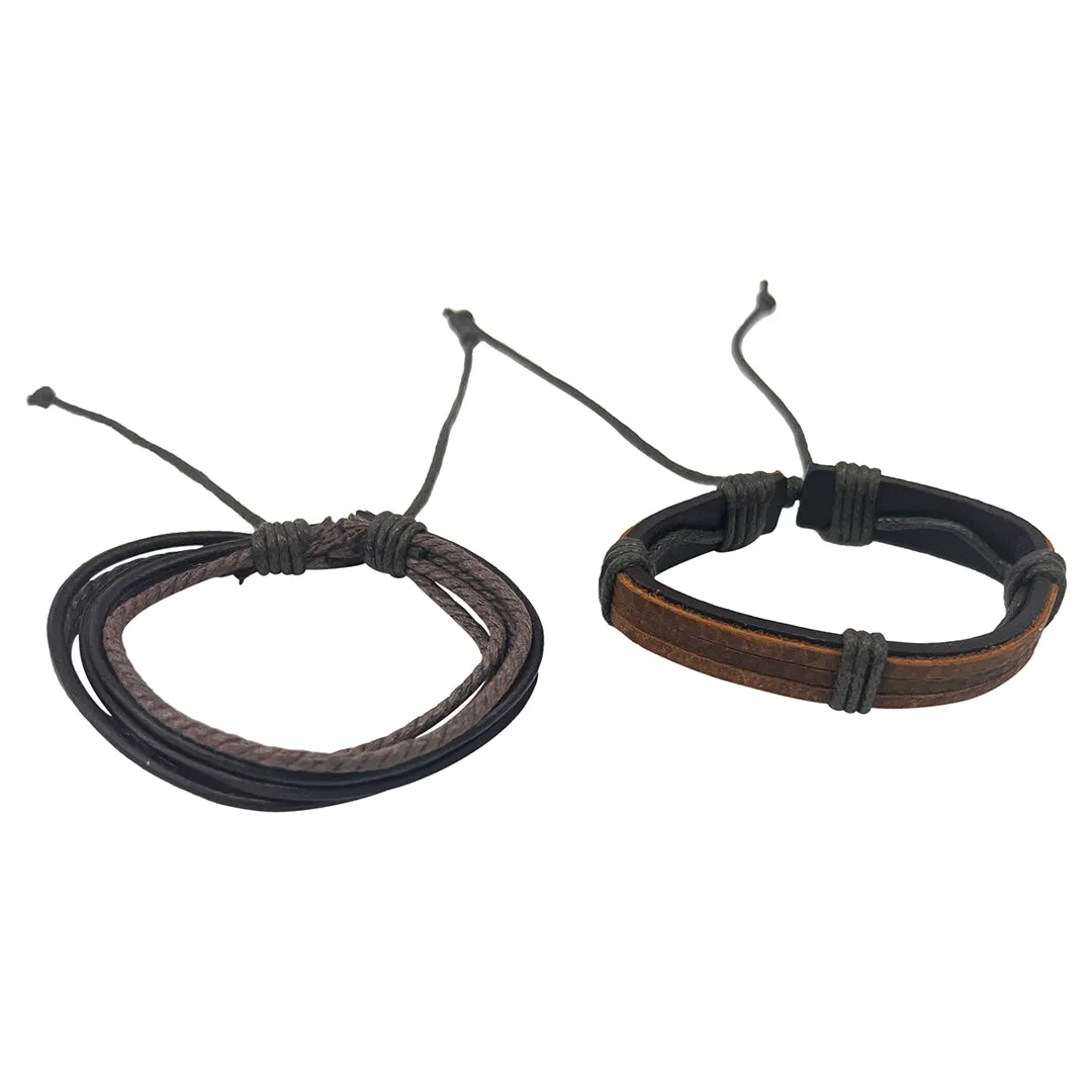 Men's Adjustable Set of Brown Leather Multistrand Bracelets