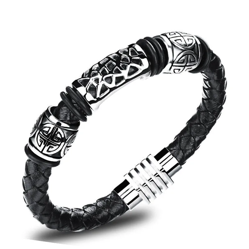 Men's Punk Jewelry Black Leather Rope Bracelets Stainless Steel Magnet Buckle Wristbands Man Vintage Bangles