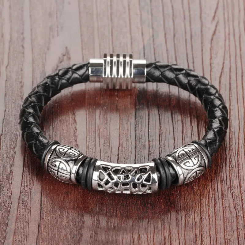 Men's Punk Jewelry Black Leather Rope Bracelets Stainless Steel Magnet Buckle Wristbands Man Vintage Bangles