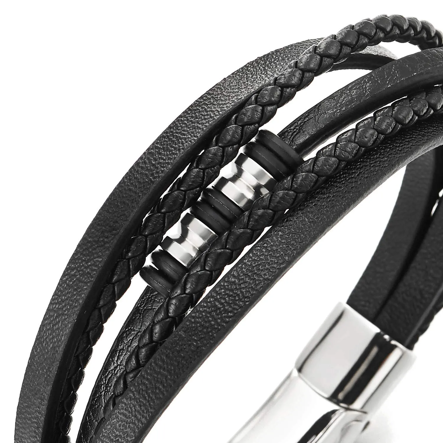 Mens Women Multi-Strand Black Braided Leather Bracelet Bangle with Steel Silver Bead Charms